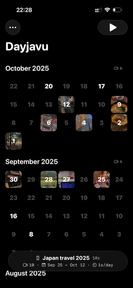 Dayjavu calendar view of a "Japan travel 2025" memory, with video thumbnails marking each day of September and October