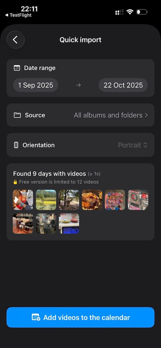 Quick import screen finding 9 days with videos between 1 September and 22 October 2025