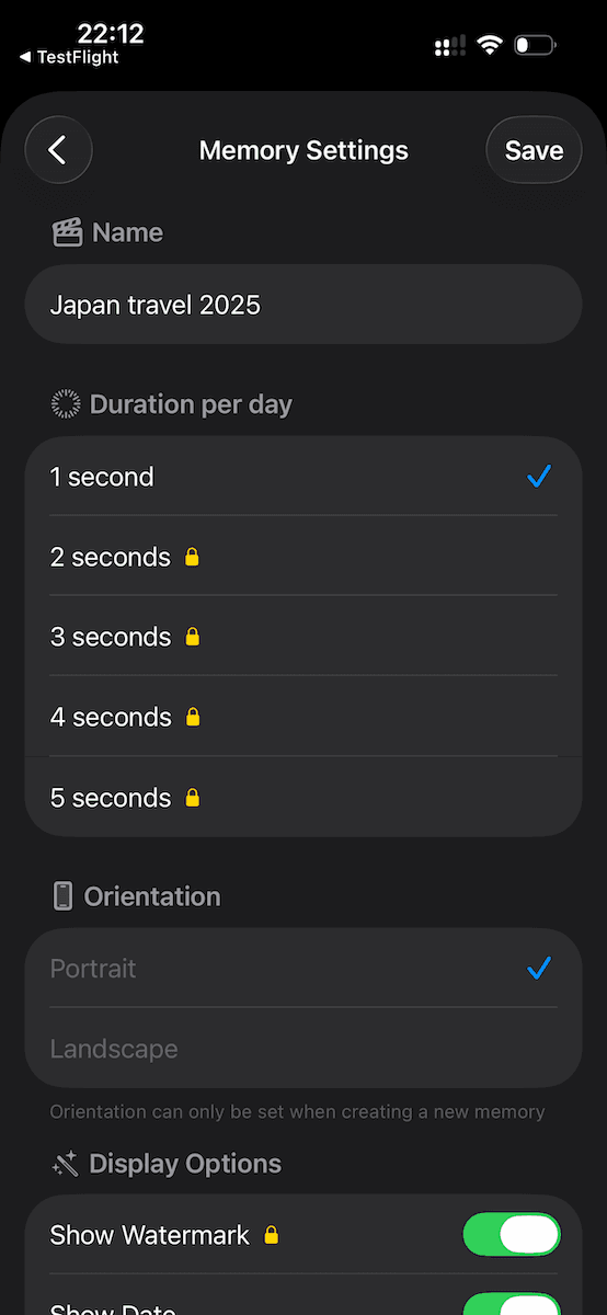 Memory settings for "Japan travel 2025" with duration set to 1 second per day